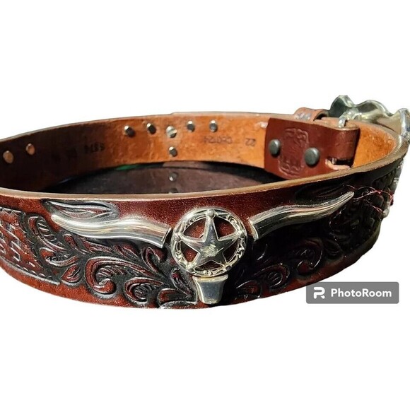 Tony Lama TEXAS Longhorn Tooled Leather Belt Kids 25" Waist - Picture 2 of 6